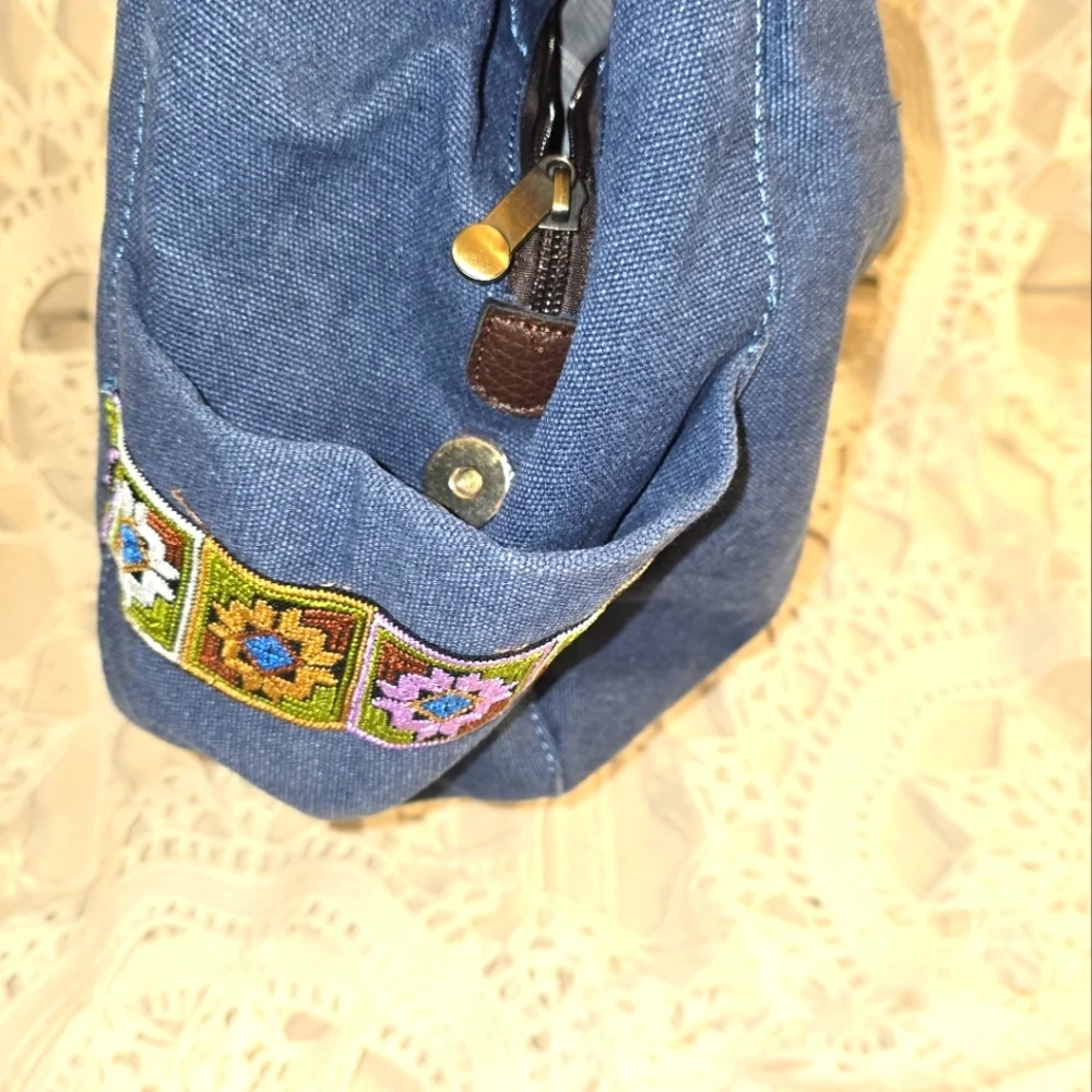 Denim Style Canvas Boho Style Purse, Shoulder Bag, Embroidered Design And Pocket